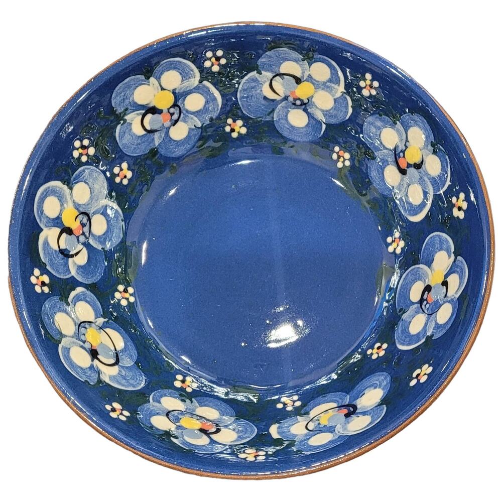 Blue Handpainted Terracotta Fruit Serving Bowl With Blue White Flowers Daisies